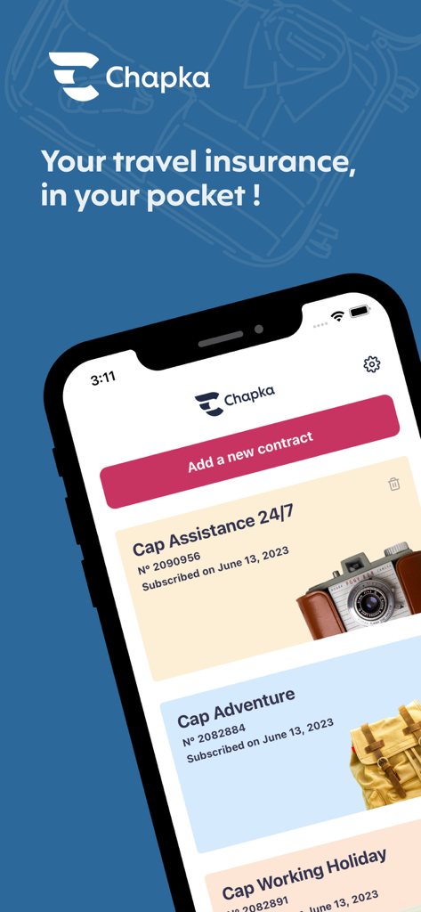 Interfaccia dell'app mobile Chapka che mostra la gestione della polizza assicurativa di viaggio