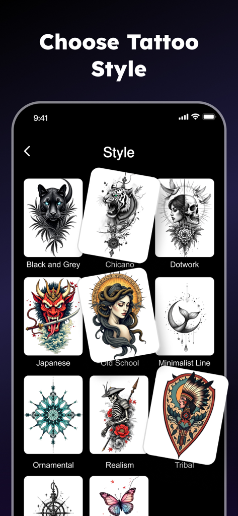 Tela de seleção mostrando diferentes estilos de tatuagem como japonês e Old School no aplicativo de design IA