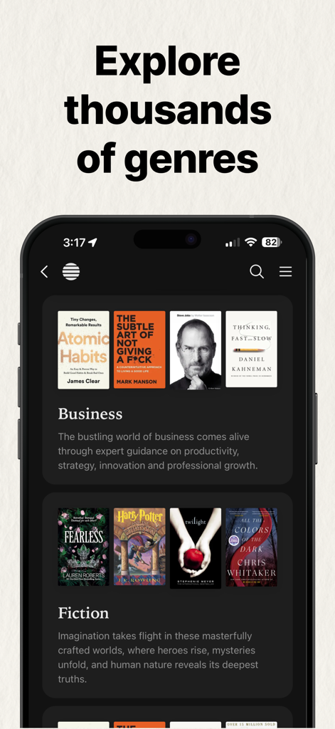 Interfaccia dell'app SoBrief che mostra categorie e generi di libri come Business e Narrativa.