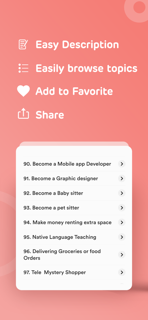 Earn Cash & Make Money Online - List of online job and side hustle ideas within the app interface