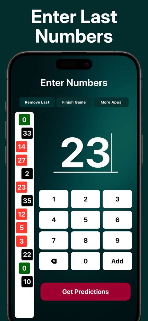 Interface of the Roulette AI Number Predictor app showing a keypad to enter last numbers and a list of previous results