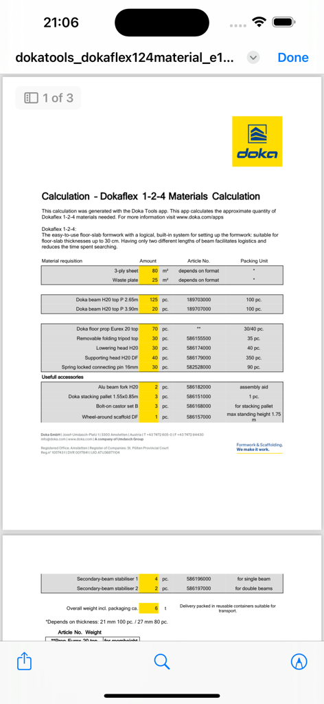 Dokaflex 1-2-4 Materialberechnungsübersichtsbildschirm mit einer Liste der benötigten Komponenten für die Schalung