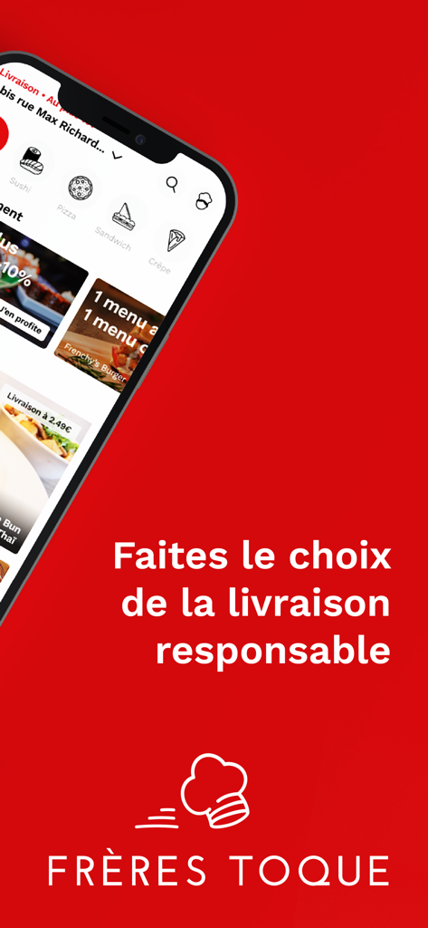 Frères Toque - Interface de l'application mobile Freres Toque affichant les options de livraison de repas et une image de marque éco-responsable.