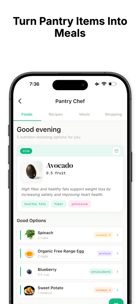 CalorieGram - Nutrition AI - Pantalla de la app CalorieGram mostrando la función Chef de Despensa con sugerencias de alimentos e información nutricional.