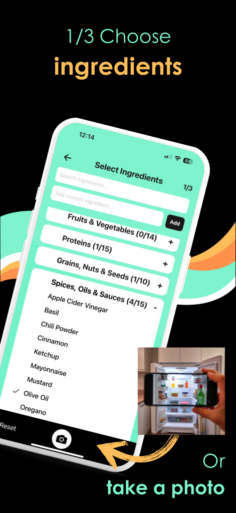smartchef - Interface of the smartchef app displaying a list of ingredients and an option to scan a fridge with a smartphone camera.