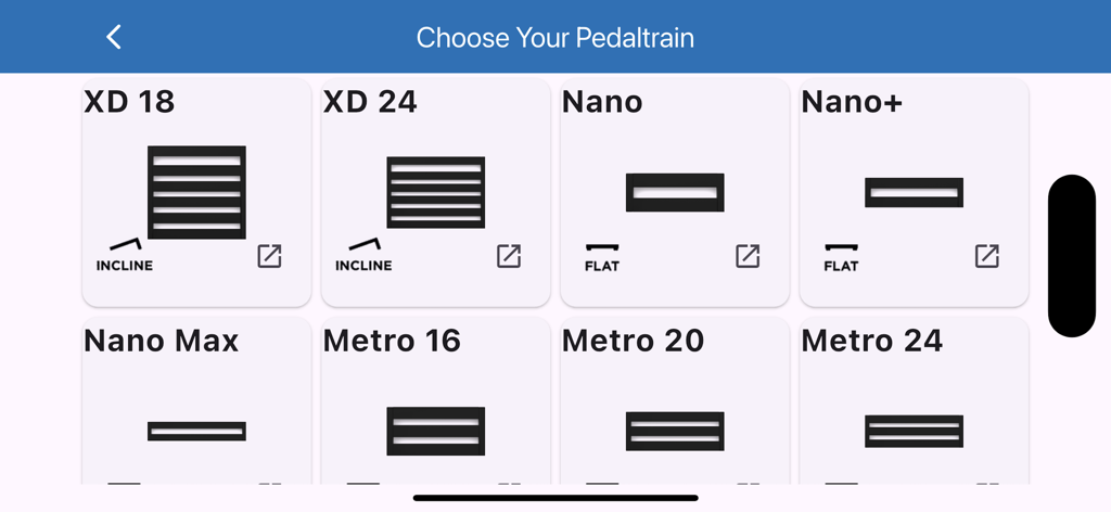Interface of the Pedaltrain app showing various pedalboard models like Nano and Metro series for planning a guitar rig.