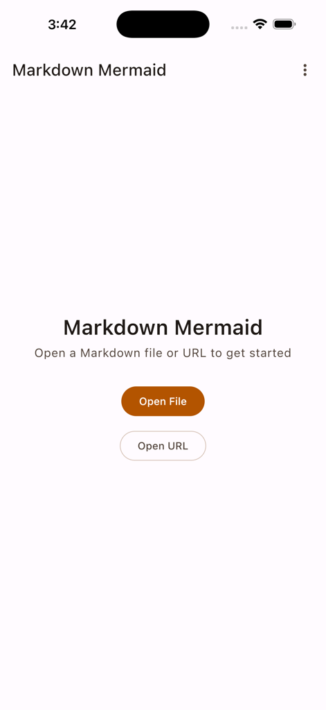 Markdown Mermaid app home screen showing buttons to open a Markdown file or a URL