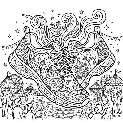 Lace up for an extraordinary coloring journey where athletic footwear meets the magic of the carnival! This intricate design combines detailed running shoes with lively circus elements for a uniquely festive scene.