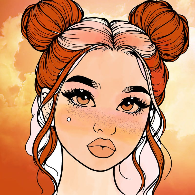 realistic girl with two buns on her hair and lips
