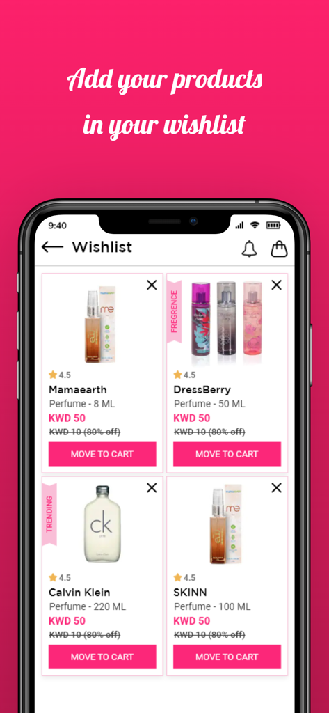 The Perfume Smell - Interfaz de lista de deseos de la app The Perfume Smell mostrando varios productos de fragancias y descuentos.