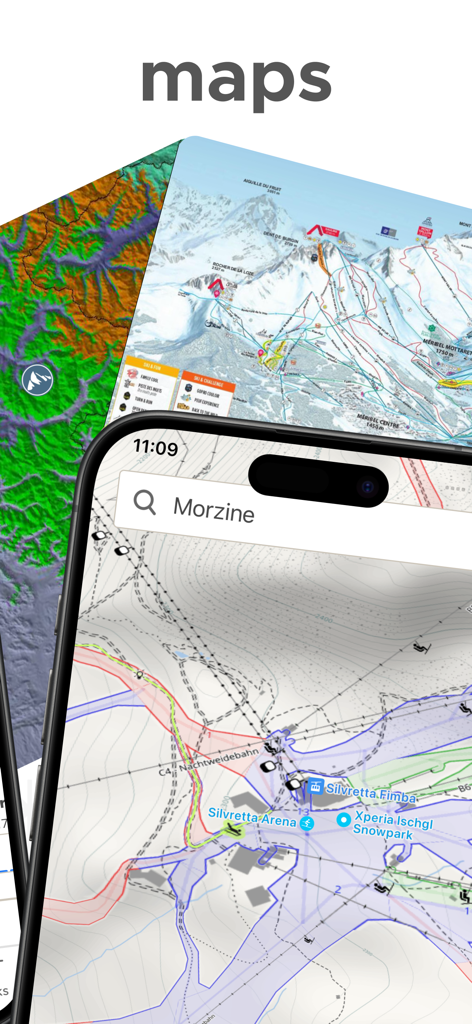 山のリゾートの詳細な地形図とスキープリストマップを表示するモバイルアプリのインターフェース。
