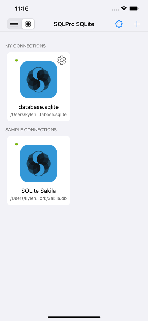 SQLite database client - SQLPro SQLite app screen displaying user and sample database connections