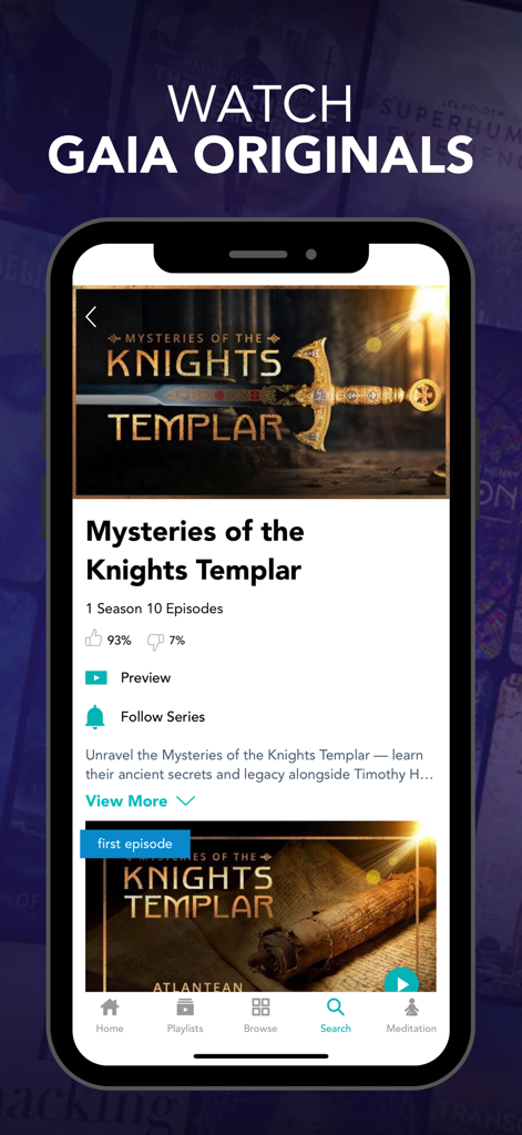 Gaia app interface featuring the Mysteries of the Knights Templar original series