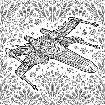 Prepare for an intergalactic Thanksgiving feast with this extraordinary coloring page featuring a starfighter intricately designed from harvest elements. This unique blend of futuristic adventure and festive tradition promises a delightful and engaging coloring experience for all ages.