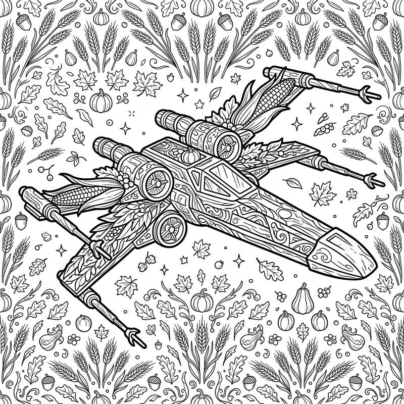 Prepare for an intergalactic Thanksgiving feast with this extraordinary coloring page featuring a starfighter intricately designed from harvest elements. This unique blend of futuristic adventure and festive tradition promises a delightful and engaging coloring experience for all ages.