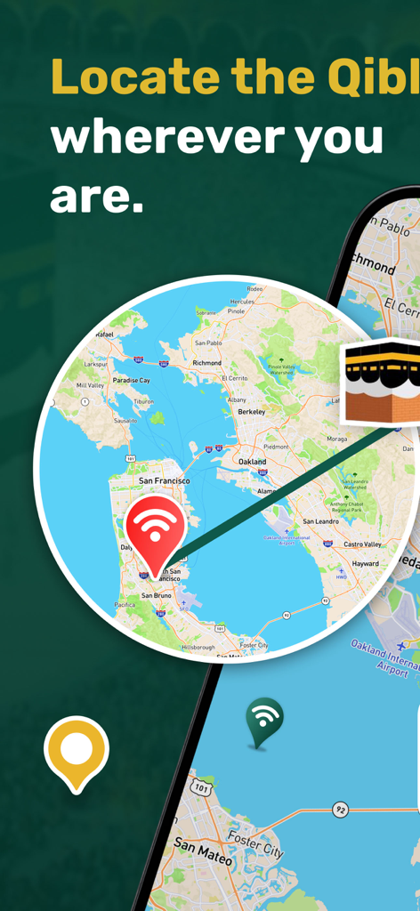 Qibla Compass - Qibla Locator - Une interface cartographique montrant la direction de la Qibla depuis l'emplacement d'un utilisateur vers l'icône de la Kaaba.