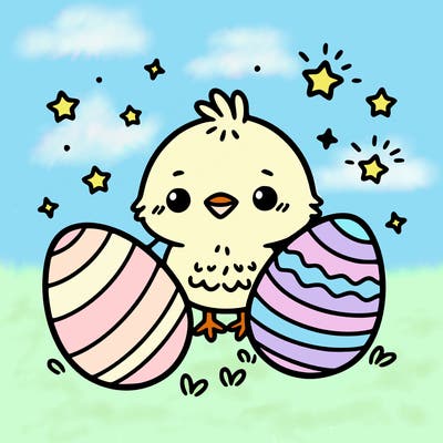 cute easter chick with eggs