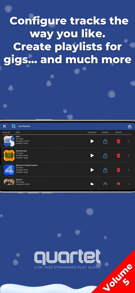 Uno screenshot dell'app Quartet 5 Christmas che mostra la schermata di gestione delle playlist con vari elenchi musicali per concerti jazz.