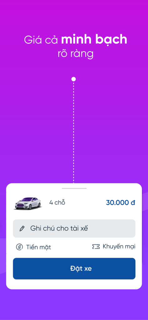 G7 Taxi - G7 Taxi mobile app interface displaying transparent ride pricing and booking options for a four-seater car in Vietnam.