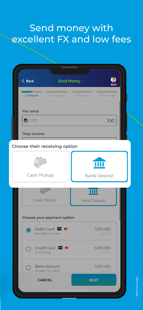Amigo Paisano - Mobile App-Oberfläche von Amigo Paisano mit Optionen zum Senden von Geld per Bargeldabholung oder Bankeinzahlung