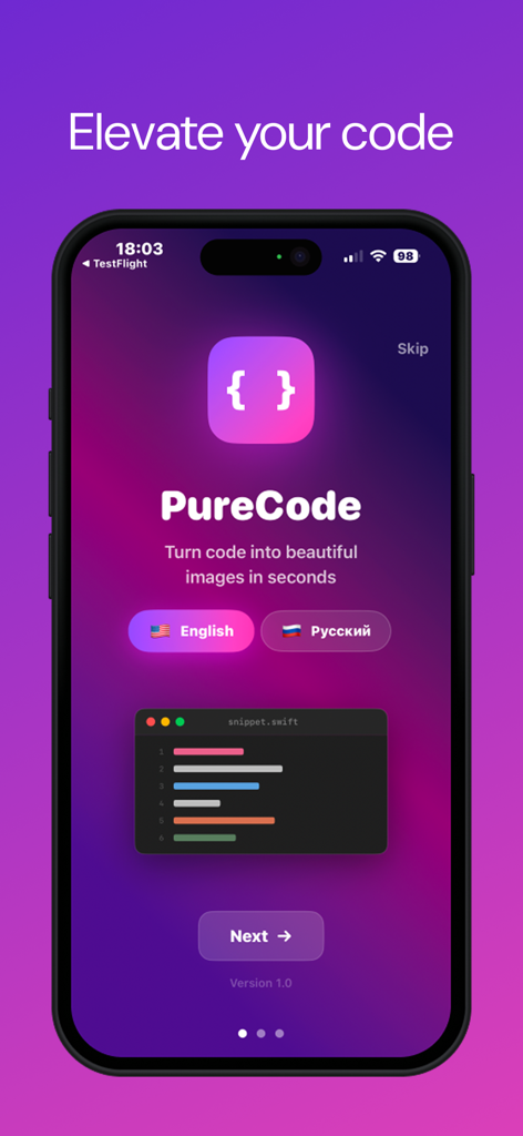 PureCode - PureCode app onboarding screen on an iPhone featuring the slogan Elevate your code and a code snippet illustration.