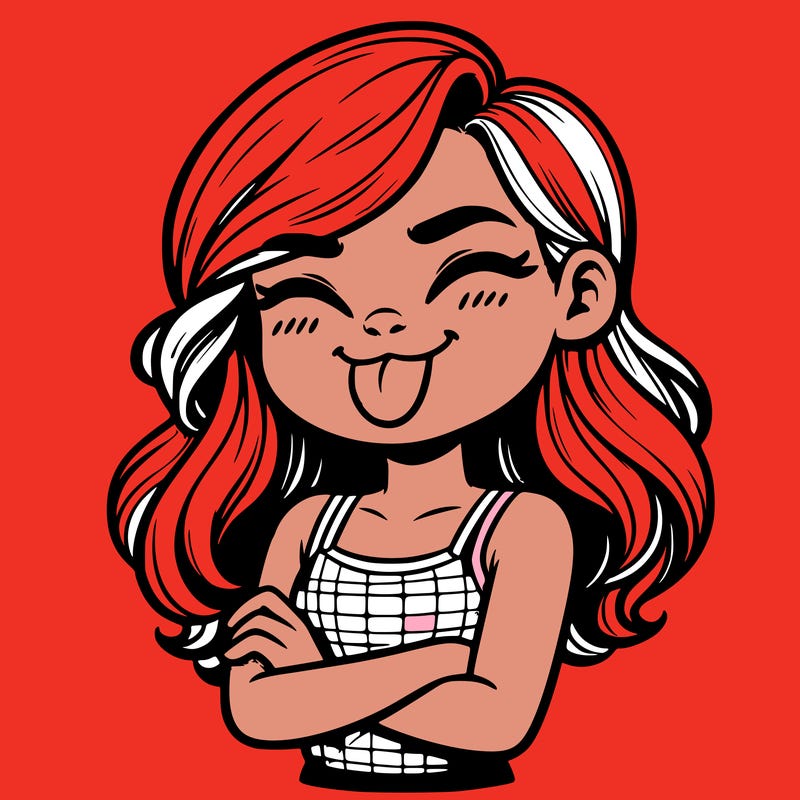 realistic girl crossing her arms and wearing a tank top with her tongue held out she has long hair