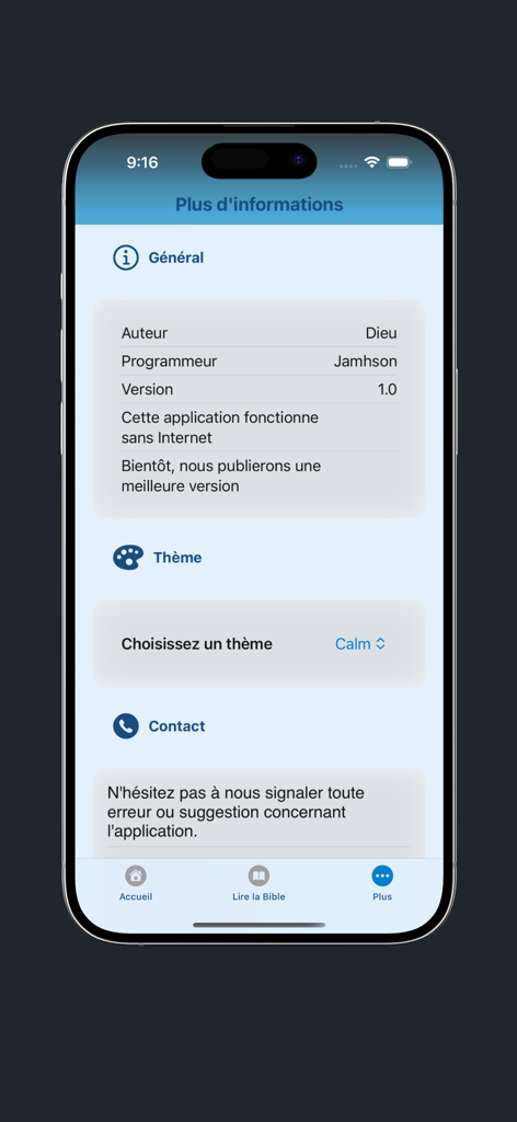 Pantalla de configuración de la aplicación Bib Kreyol mostrando información de la versión y opciones de tema.