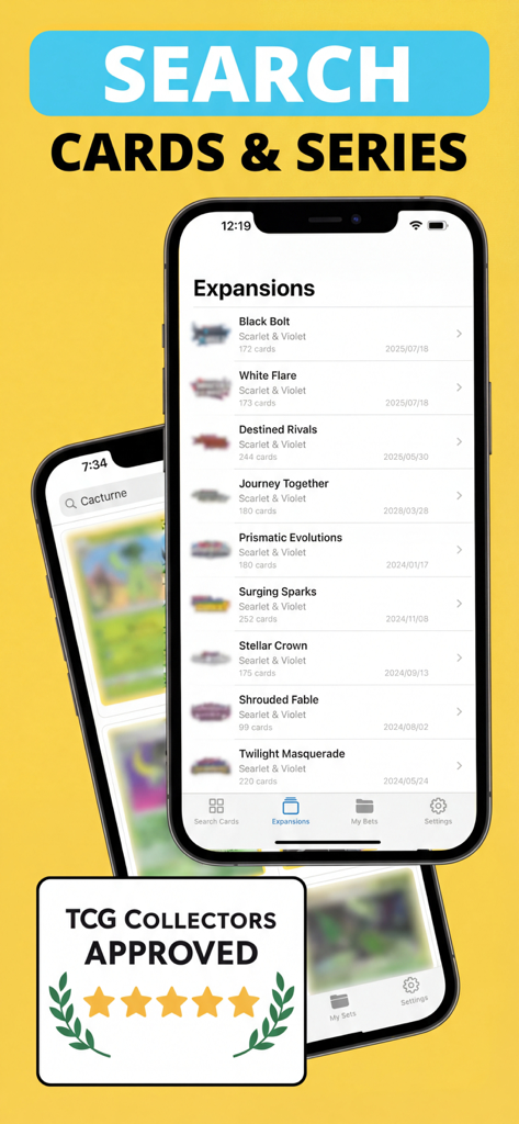 TCG Scanner Card - Pokechart - Pantalla de la aplicación móvil TCG Scanner Card Pokechart que muestra la lista de expansiones de cartas TCG y la interfaz de búsqueda