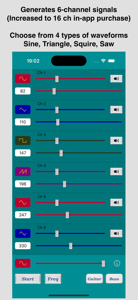 Multiple Tone Generator - Interface of the Multiple Tone Generator app showing six channels with frequency sliders and waveform selection for audio signal testing