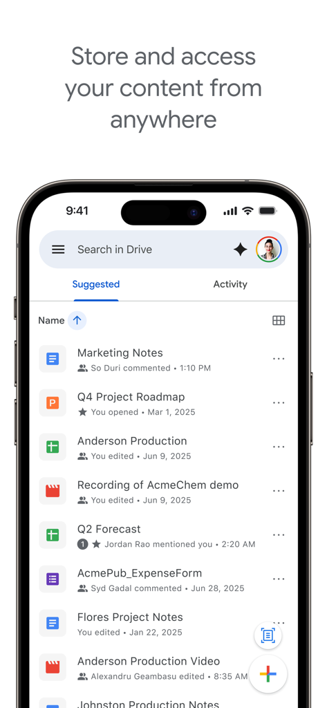 Google Drive app showing a list of professional and academic documents on an iPhone