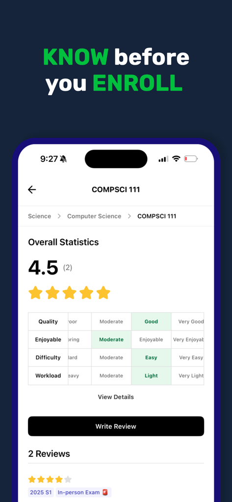 Quad - UoA Student Hub - Course review page for COMPSCI 111 on the Quad app showing ratings for quality difficulty and workload
