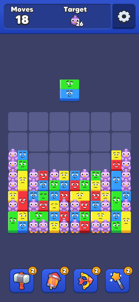Gameplay screenshot of Drop Jelly showing a grid of colorful jelly blocks with expressive faces and power-up icons at the bottom.