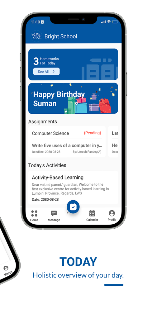 Tableau de bord de l'application Bright School montrant le résumé des devoirs quotidiens, les tâches des élèves et les mises à jour des activités scolaires sur un iPhone.