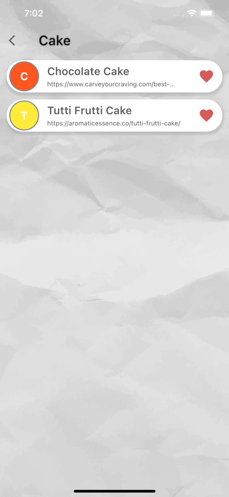 My Recipe Book - Una lista de recetas de pasteles guardadas con enlaces a sitios web en la aplicación Mi Libro de Recetas.