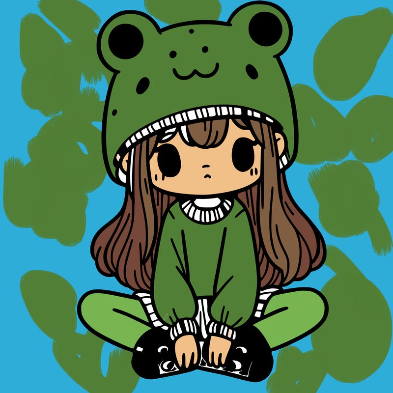 a girl wearing a frog hat and some frog socks