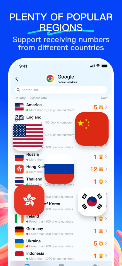 Una interfaz móvil que muestra una lista de países como Estados Unidos e Inglaterra para recibir códigos de verificación de SMS en línea.