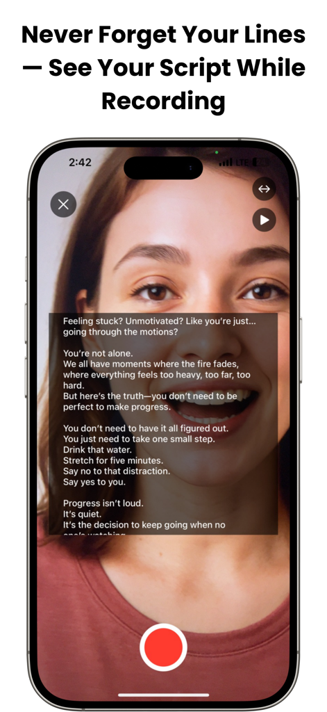iPhone screen showing the CueCam teleprompter app with a script overlay over a video recording of a woman