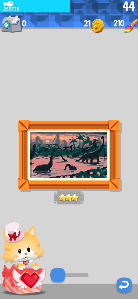 Hungry Cat Nonogram - Completed dinosaur pixel art painting in the Hungry Cat Nonogram app