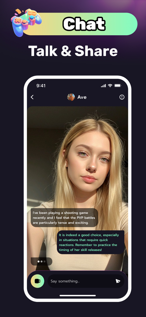 AICht: Live Chat Hot Girls - A chat screen from the AICht app showing a conversation with an AI character named Ave who is discussing gaming.