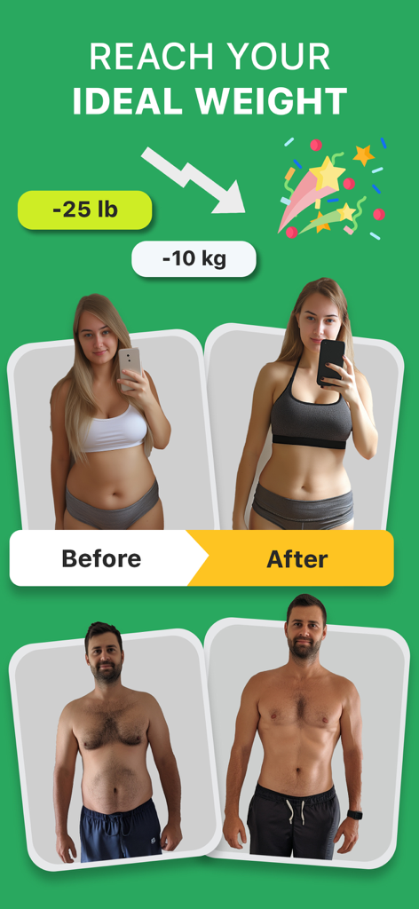 Keto Diet Tracker-Carb Counter - Before and after weight loss transformation photos of a woman and a man using the keto tracker app