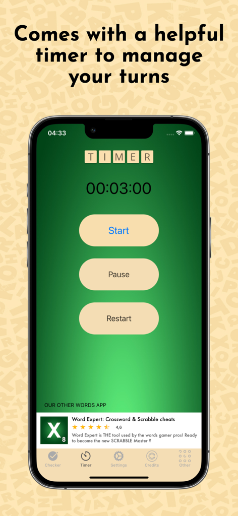 Scrabble turn timer interface with start pause and restart buttons