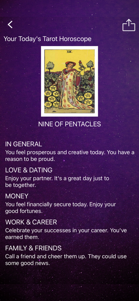 A daily tarot reading for the Nine of Pentacles card showing horoscope insights for love money and career