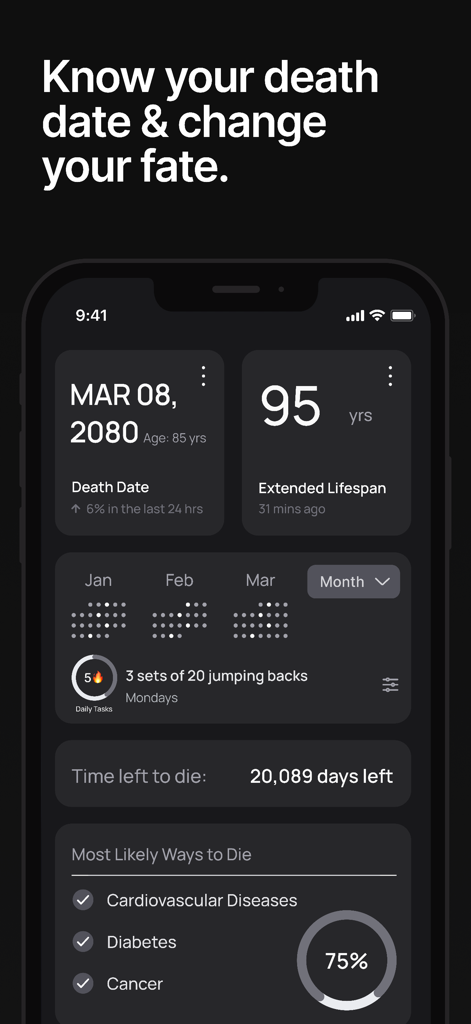 Life Clock - Live Longer - Life Clock app screen displaying predicted death date and extended lifespan statistics