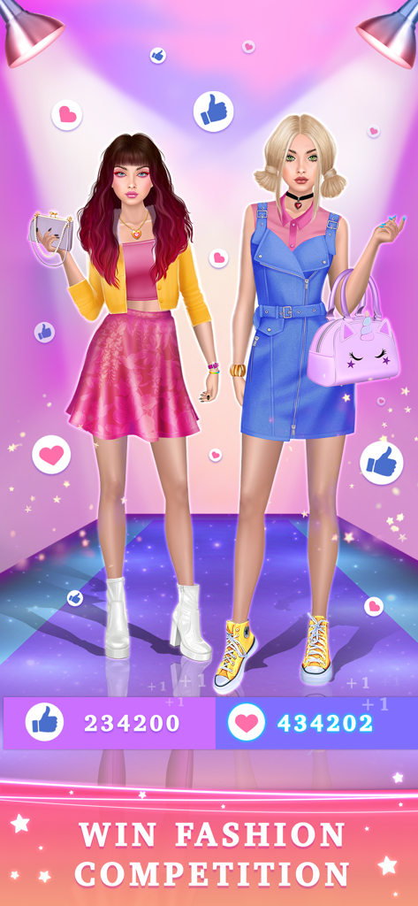 Spa BFF Makeover Dress Up Game - Two stylish girls in trendy outfits competing on a fashion show runway with social media vote scores