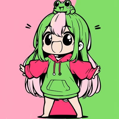 a excited chibi girl whith long hair and a baggy shirt whith a frog on there head