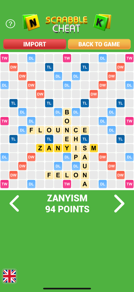 Solver for SC GO - Cheat - Scrabble cheat app showing a game board with high scoring words and Zanyism for 94 points