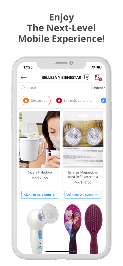 Andromeda Inc - app - Interfaz de la app móvil Andromeda Inc que muestra productos de belleza y bienestar con precios y opciones de carrito de compras.