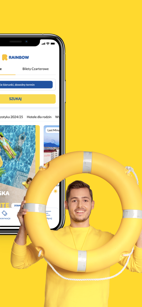 Smartphone affichant l'interface de l'application de voyage Rainbow à côté d'un homme tenant une bouée de sauvetage jaune sur fond jaune
