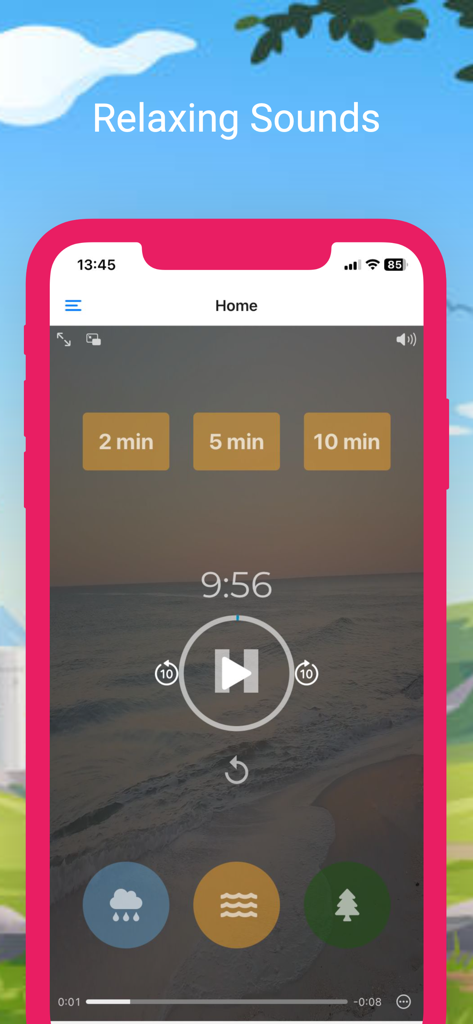 Pink Noise for Sleep app - Pink Noise for Sleep app home screen featuring a sleep timer and icons for rain, waves, and forest sounds.