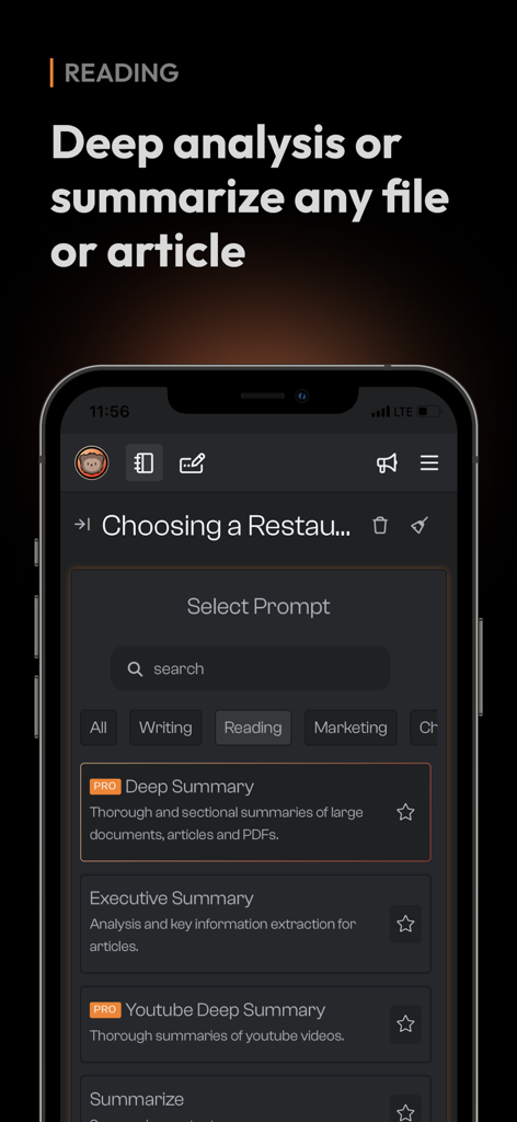 Bearly AI - Bearly AI app interface showing deep summary and executive summary prompt options for reading and analysis